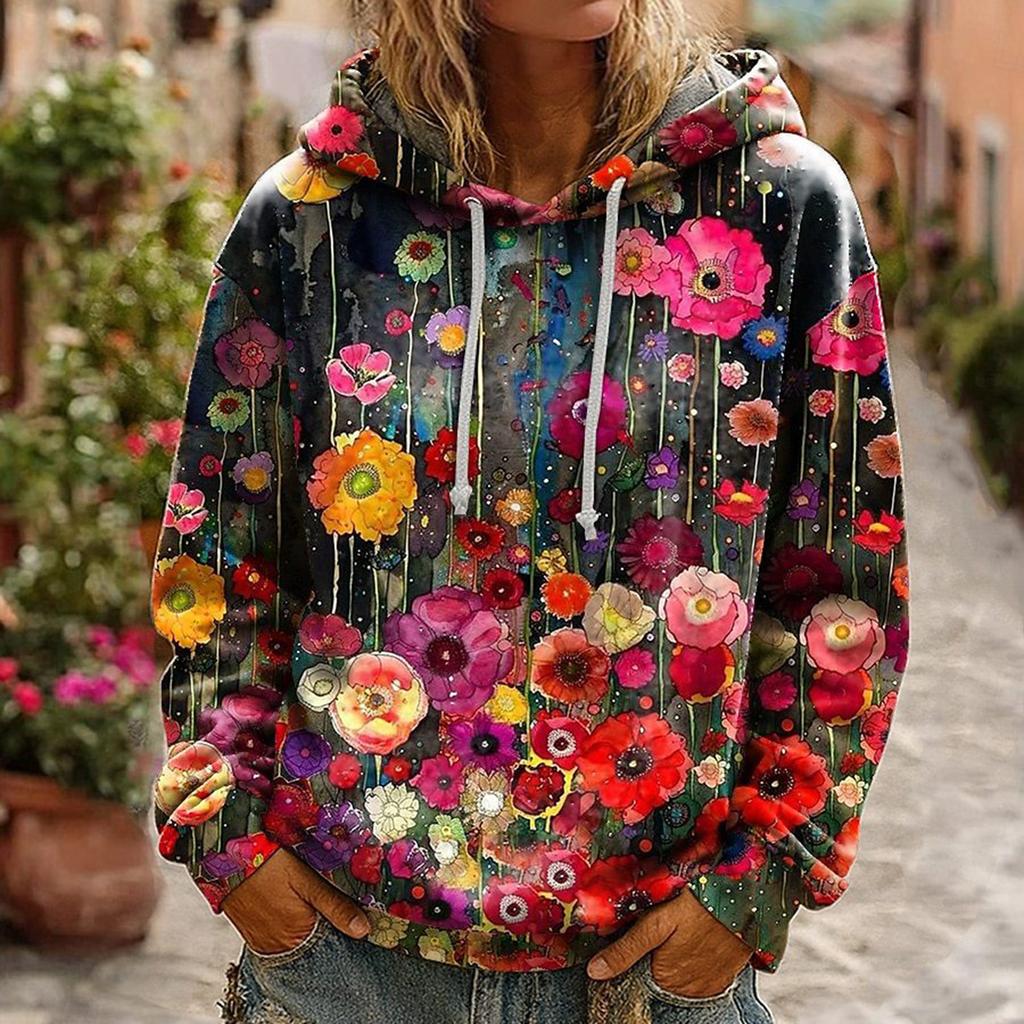 Women's Casual Printed Pullover Hoodie Sweatshirt with Drawstring