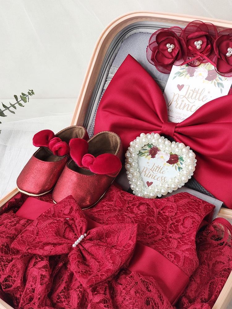 Baby Girl Red Lace Rose Dress - First Birthday Princess Outfit with Gift Box