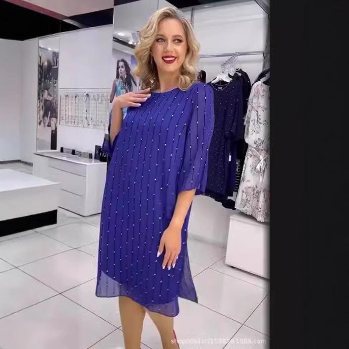 2026 Spring/Autumn Women's Slim-Fit Printed Midi A-line Dress with Round Neck