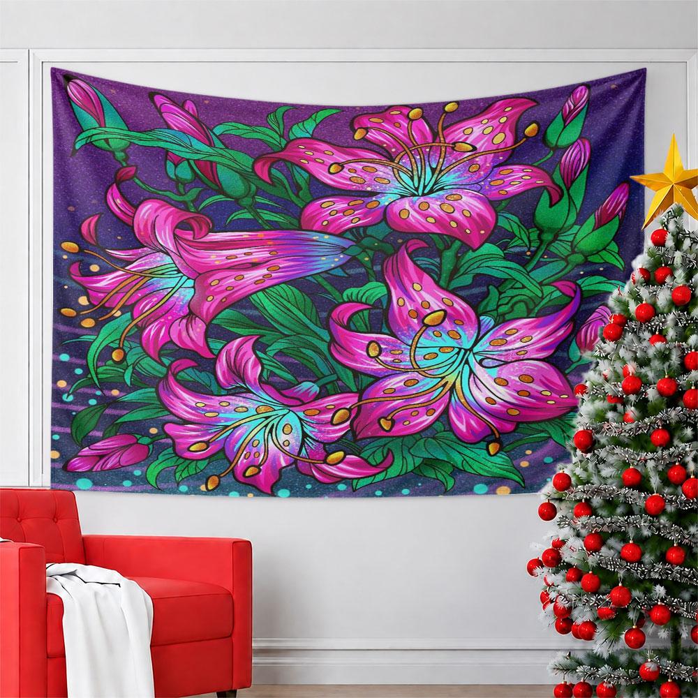 "Vibrant Pink Lily Floral Art" Pattern Wall Hanging Tapestry Decorative Tapestry Home Decor for Bedroom and Living Room
