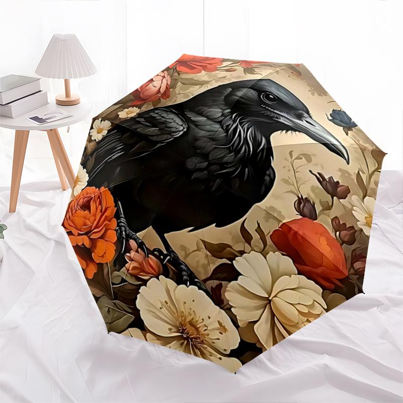 1pc Elegant Raven with Flowers Automatic Opening Folding Umbrella, Outdoor, Perfect Gift for Fans, Travelers, Everyday Use.R032