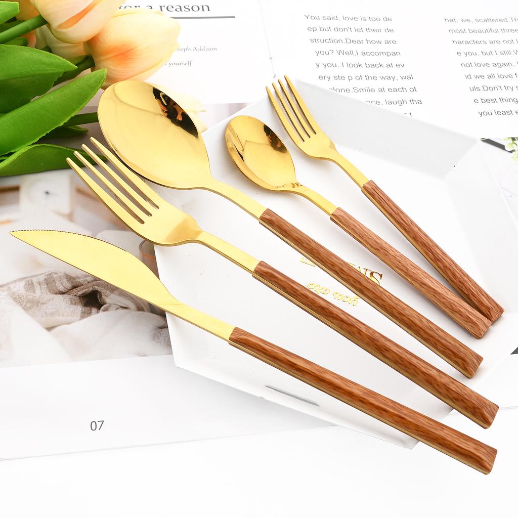 30Pcs Wood Handle Silver Dinnerware Steak Knife Fork Spoons Cutlery Set Stainless Steel Marble Flatware Kitchen Tableware Set