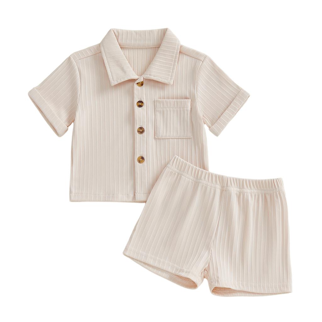 Casual Toddler Baby Boys 2 Piece Outfits Summer Short Sleeve Turn Down Collar Solid Color Tops and Shorts Set