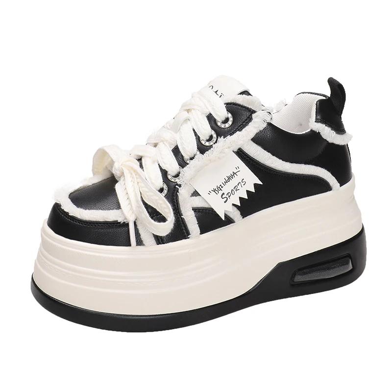 

Модные новые женские толстые кроссовки, осенние кожаные туфли на высокой платформе, толстая подошва, вулканизированная обувь, дышащая женская повседневная обувь для папы 8 см 34 чёрный