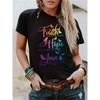 Plus Size Casual T-shirt Women's Plus Butterfly & Slogan Print Short Sleeve Round Neck Slight Stretch T-shirt