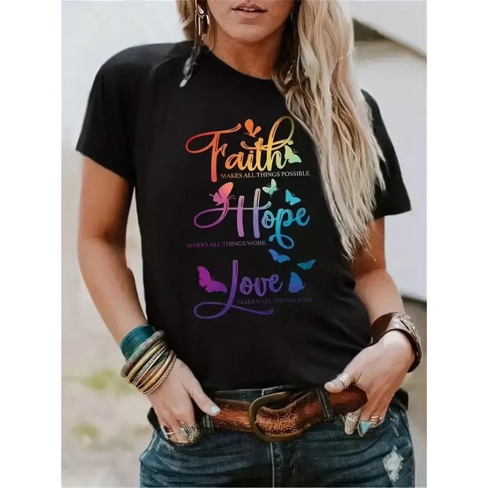 Plus Size Casual T-shirt Women's Plus Butterfly & Slogan Print Short Sleeve Round Neck Slight Stretch T-shirt