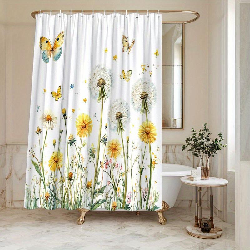 

Dandelion Shower Curtain with Butterflies - Watercolor Design, Soft Polyester,White Background with Yellow & Colorful Flowers W90XH180cm