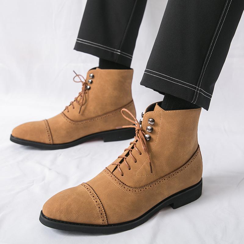 British Style Men's Mid-High Leather Brogue Business Casual Ankle Boots, Fashion Retro Dr. Martens