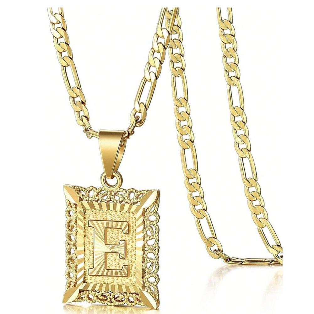 Initial Necklace Square Letter Pendant Necklace Capital Monogram Necklace Alhpabets From A-Z Figaro Chain Necklace