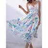 French Style Attractive Bohemian Exquisite Print Sling Sweet Big Backless Big Hemline Dress Island Sanya Long Dress