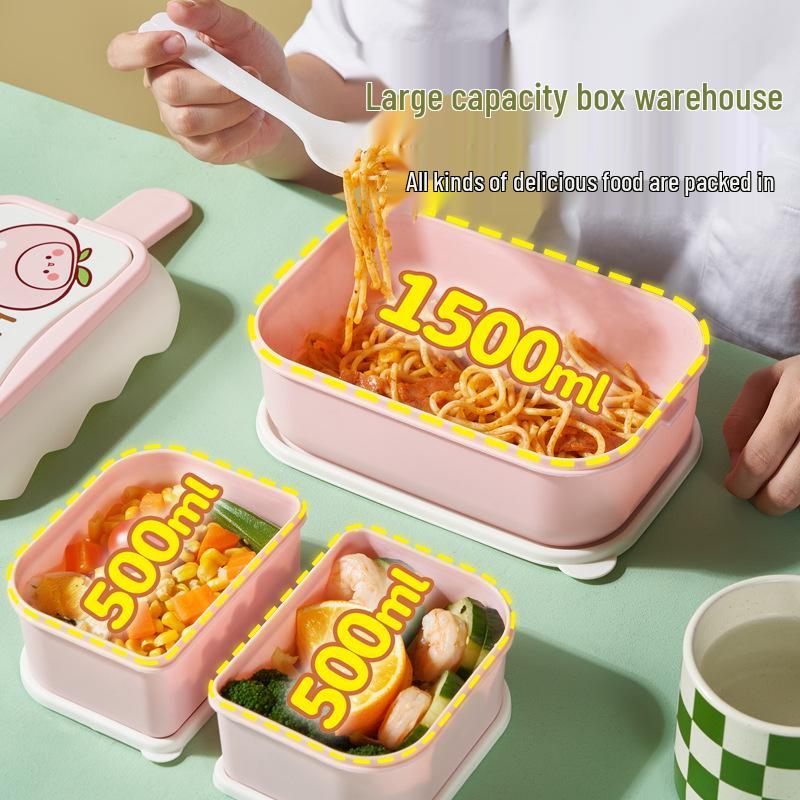 Double-Layer Cute Plastic Bento Box with Cutlery - Divided Compartments for Kids, Students, and Office Use, Microwave Safe