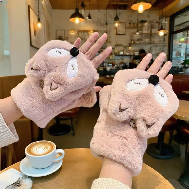 Cute Cartoon Bear and Cat Paw Plush Gloves for Girls - Warm, Thick Winter Riding Gloves with Neck Strap.