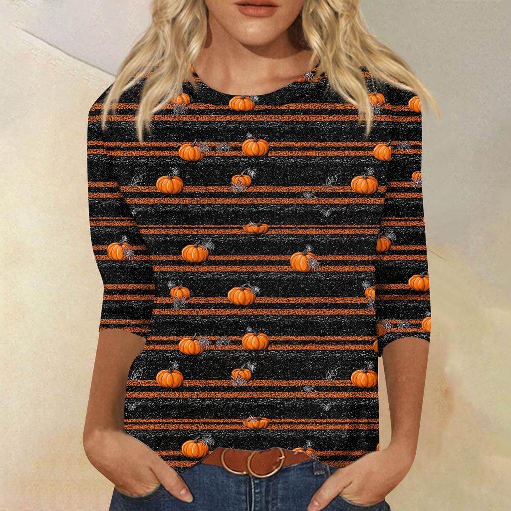 Women's Fashionable Casual Three-Quarter Sleeve Halloween Print Round Neck Top