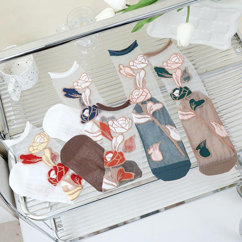 1/3/5/10 Pairs See Through Transparent Nylon Long Socks Women Summer Ultra-thin Breathable Crystal Silk Socks Embroidery Floral Cute Lace Socks