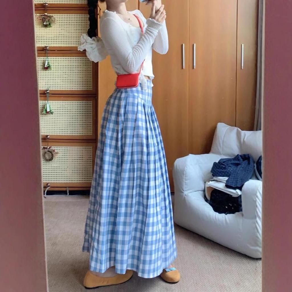 Plus Size American Plaid A-line Pleated Midi Skirt for Women - Autumn College Style