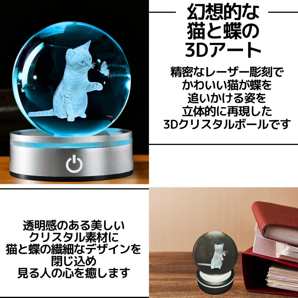 East Leaf Crystal 3D Object, Birthday, Anniversary, Cute Gift, Interior Decor, LED Light Stand, Battery/USB Operated, 8cm Tall (Cat (Sphere))