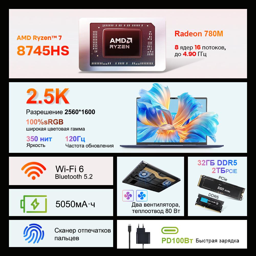 Laptop Ninkear A16 PRO 16.0'' 32G+2T SSD AMD Ryzen™7 8745HS 2560x1600 120Hz Refresh Rate