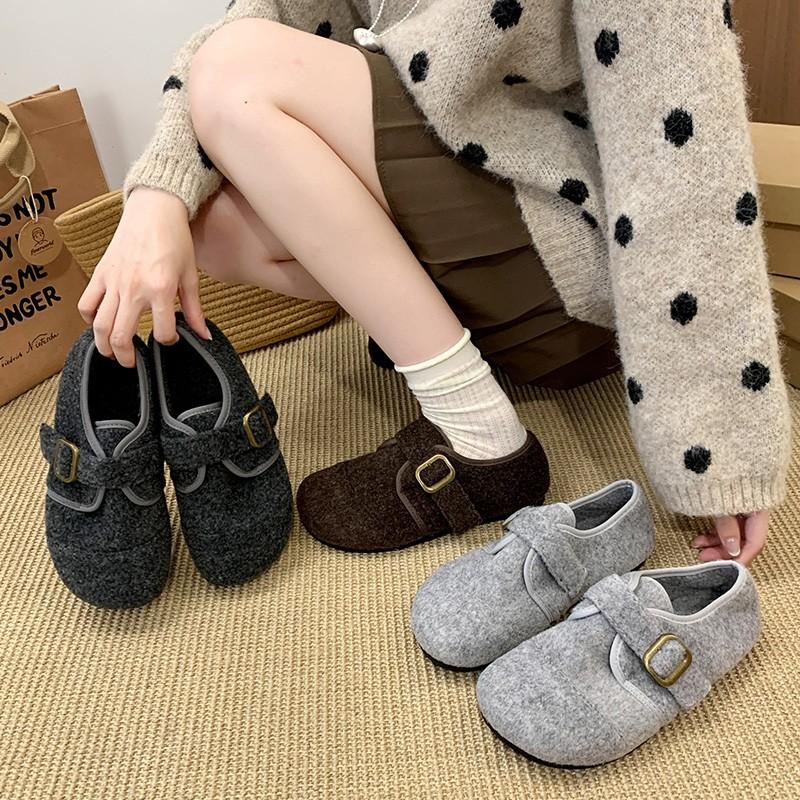 Gray Fluffy Shoes for Women To Wear In Winter, New Korean Version of Woolen Single Shoes for Women, Flat-soled Doudou Shoes, Velvet Thermal Cotton Sh