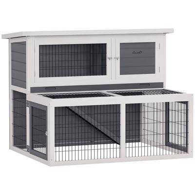 Rabbit Hutch 2 Levels with Foldable Roof Rabbit Hutch Made of Solid Wood Winterproof Double-Deck House 122x95x93.5 Cm Gray