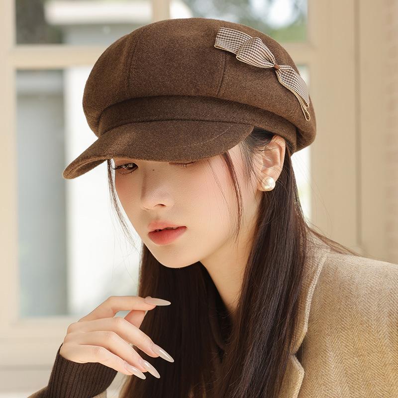 Women's Hat with Versatile Bow Octagonal Hat Big Head Circumference Showing Face Small Duckling Hat Retro Newspaper Boy Hat