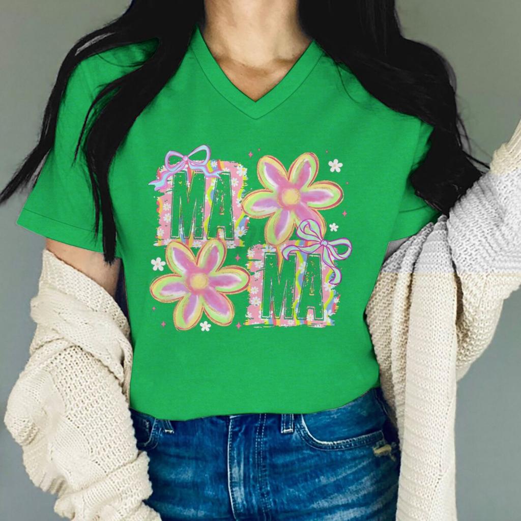 Vintage Flower Mama T-Shirt V-neck Design Funny Gift for Mama Trendy Women Clothing Mother's Day Fashion Tops Soft Tee