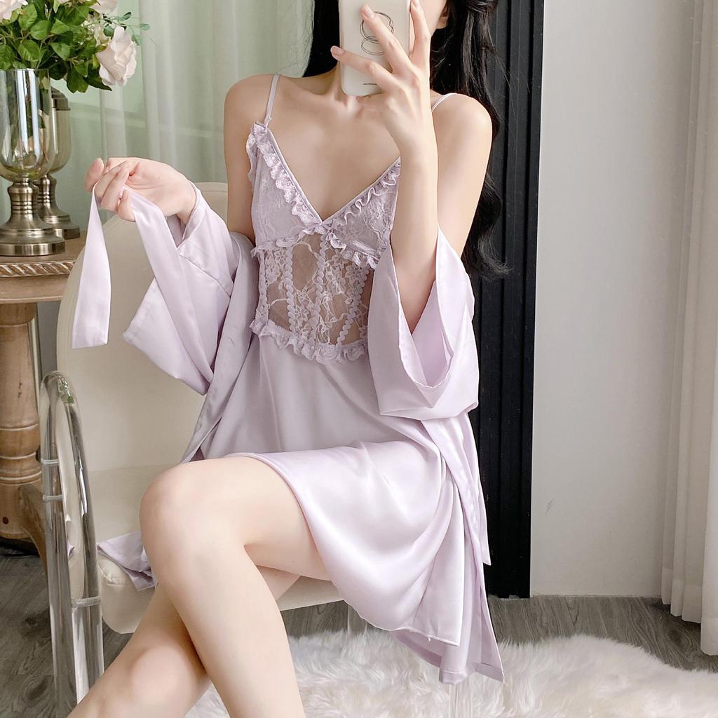 2025 Eisseide Damen Nachthemd Set: High-End, Langärmlig, Dünn, Zweiteilig, Europäischer & Amerikanischer Stil, Draußen tragbar