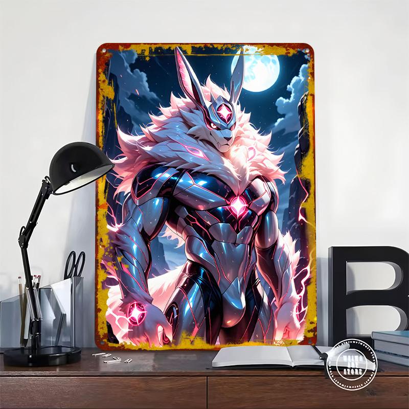 Cyberpunk Rabbit Warrior Under Moonlight Metal Poster Customized Wall Art Retro Vintage Tinplate Signs for Man Cave House Decor