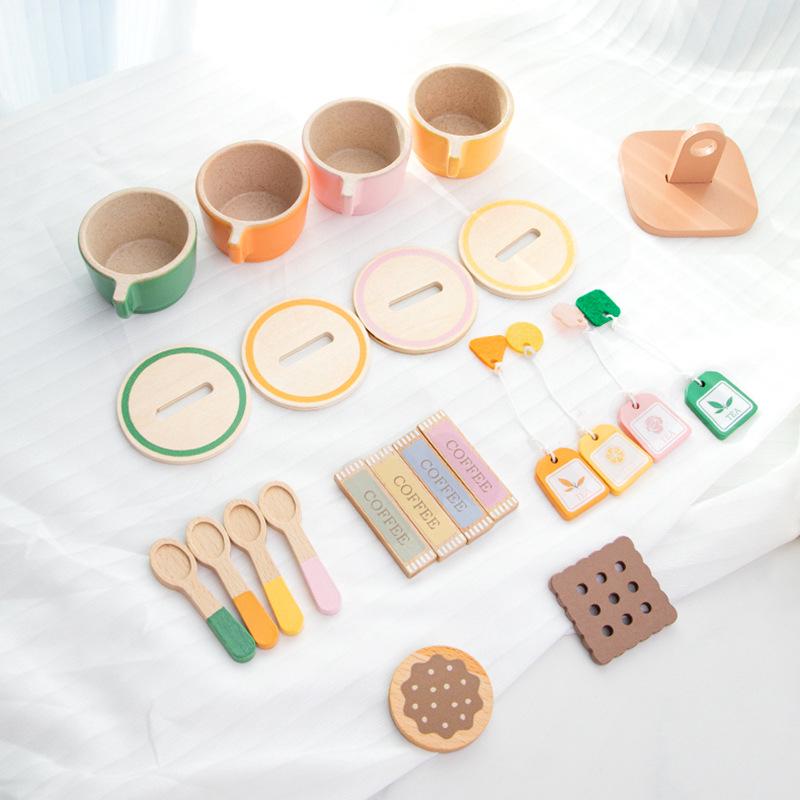 Children's Wooden Pretend Play Tea Set with Desserts and Teapot Tableware