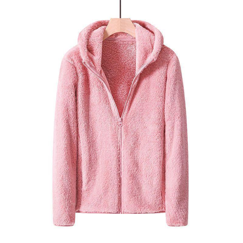 Women’s Double-Sided Coral Fleece Hoodie - Warm, Windproof, Zip-Up Cardigan for Casual Autumn/Winter Home Wear