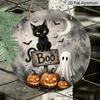 2D Flat, 1pc Round Aluminum Hanging Sign, Vintage Watercolor Black Cat Ghost Pumpkin Boo Printed Plaque, Spooky Rustic Farmhouse Halloween Front Door