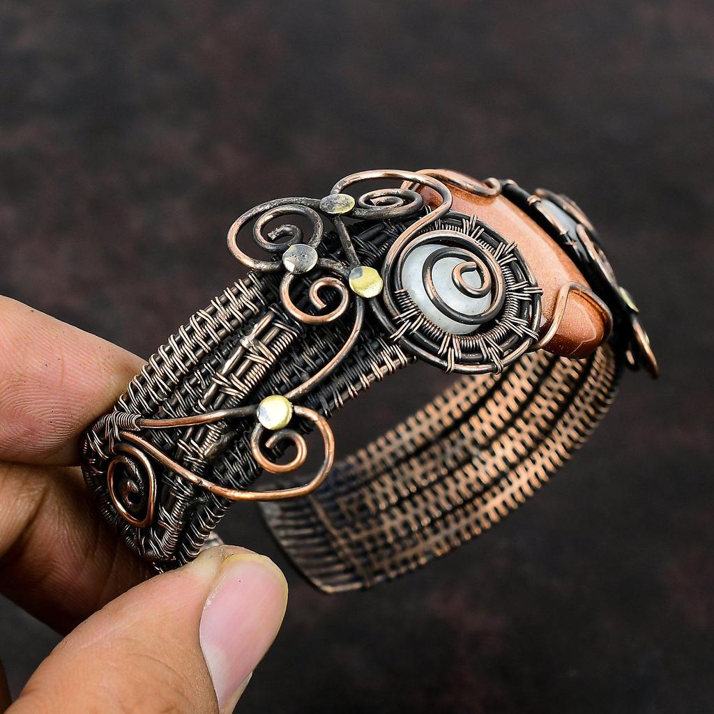 Bransoletka Sun Sitara z mankietem, tęczowy kamień księżycowy, bransoletka z kamieni szlachetnych, miedziany drut, regulowana bransoletka z mankietem, prezent dla niej, ręcznie robiona biżuteria z miedzi