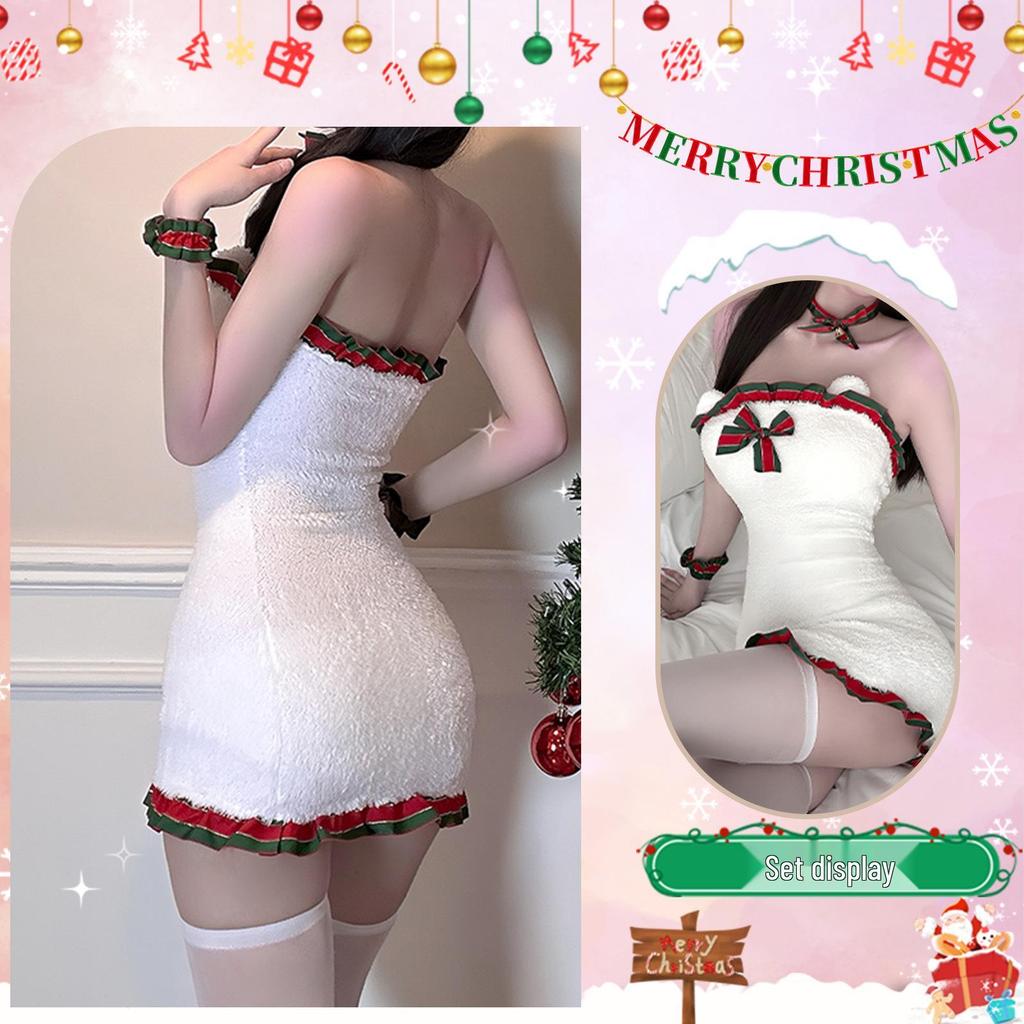 Golden Night White Christmas Cutout Hip-Wrap Dress - Pure Desire Maid Role Play