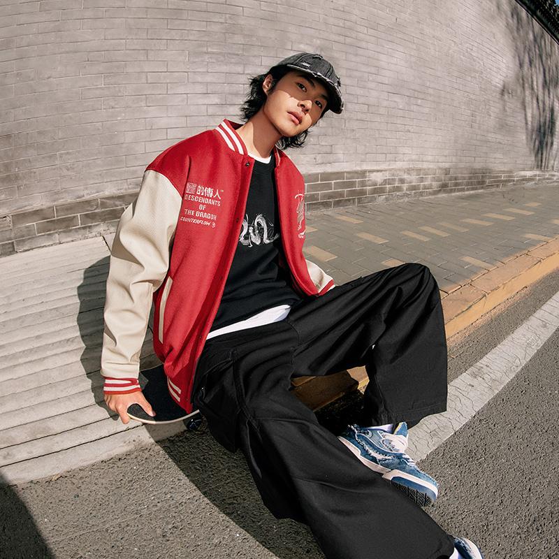 Li Ning CF Logo Letter Print Single-Breasted Loose Baseball Jacket Unisex Jackets Agate-Red AJDU253-2