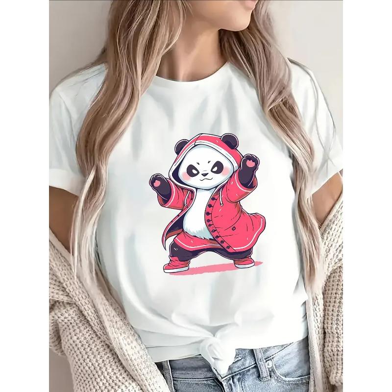 Polyester Short Sleeve T-Shirt with Cute Panda Graphic, Lightweight and Durable for Casual Wear at Home or Restaurant, Comfortable Fit