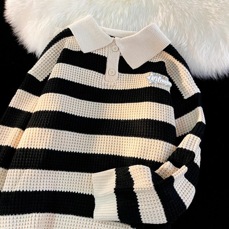 

Men s Retro Striped Polo Collar Sweater - Autumn/Winter College Style Loose Knitwear M чёрный