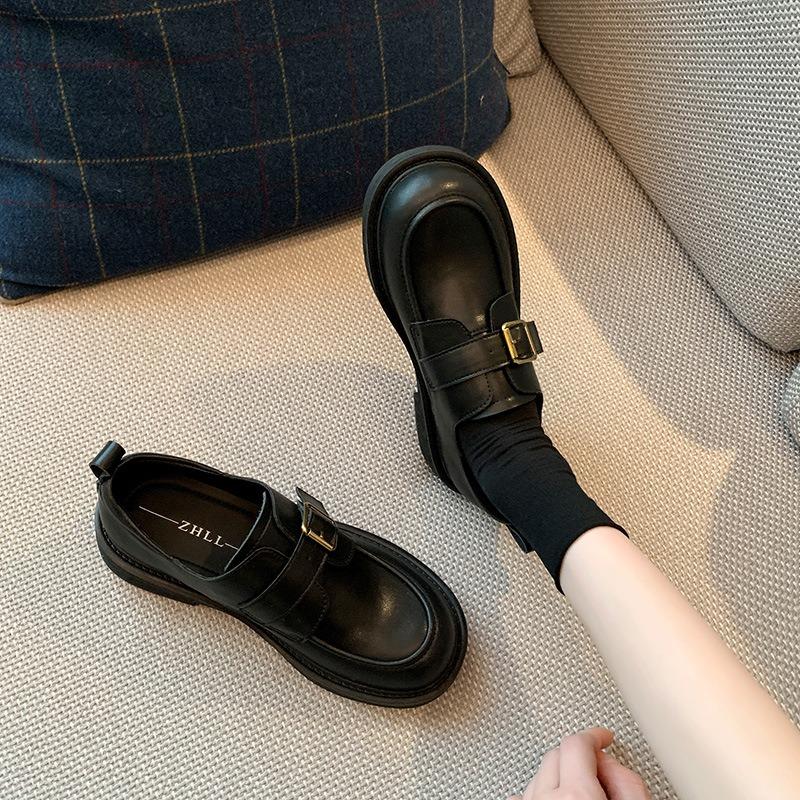 6-Small leather shoes 26 spring new thick-soled black versatile widened large-size women's shoes