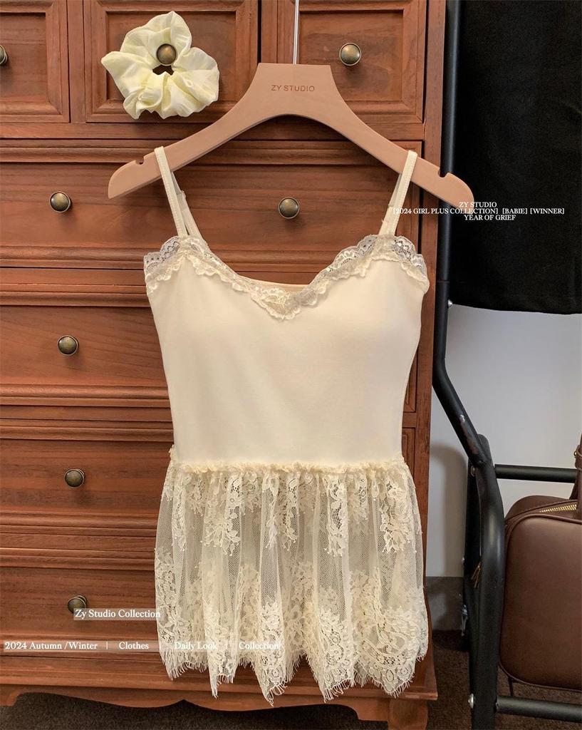 Lace Waist-Cinching Slim Fit Camisole Dress - Sleeveless, Layered, Figure-Flattering Mini