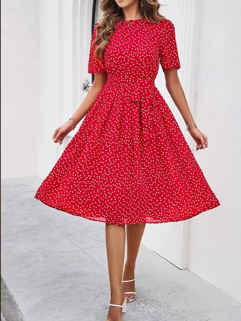 Elegantes Polka-Dot-Kleid mit Print und hoher Taille für Frühling, Sommer, Büro
