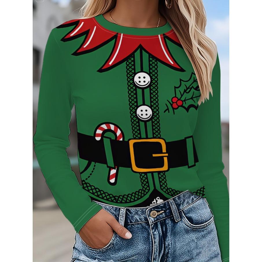 Damen Fashon Polyester Bequeme T-Shirts Sport Weihnachten 3D Druck Locker Rundhals Langarm T-Shirt Top