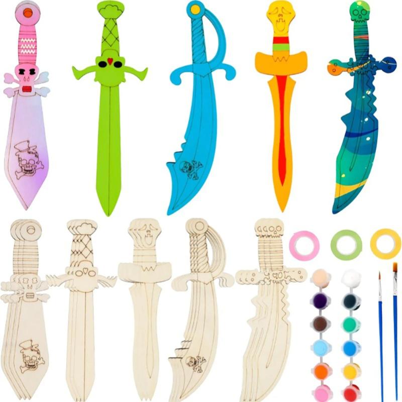 16pcs Kids Wooden Swords Set Unfinished Pirate Themed Painting Props Halloween Art Activity Supplies for Birthday Cosplay