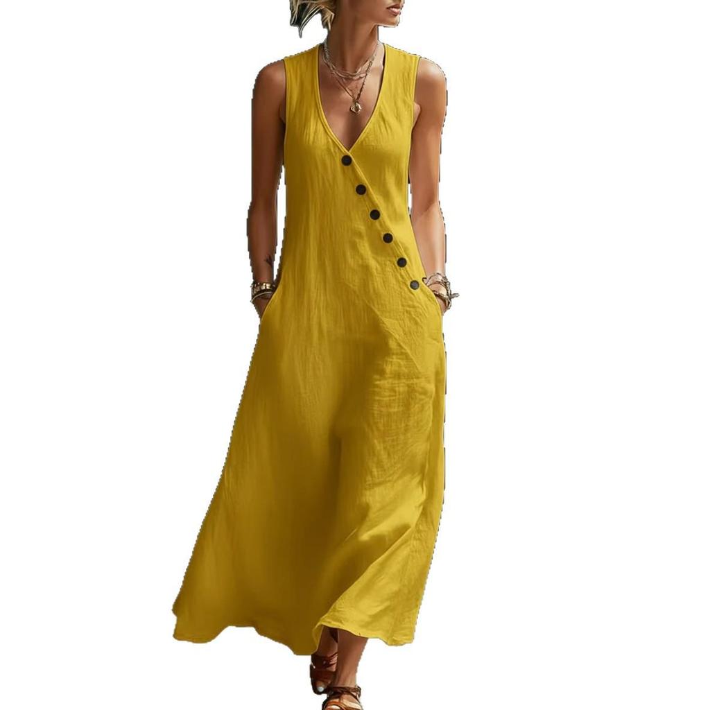 Summer V-neck Sleeveless Button Dress - Women's Holiday Casual Long Style