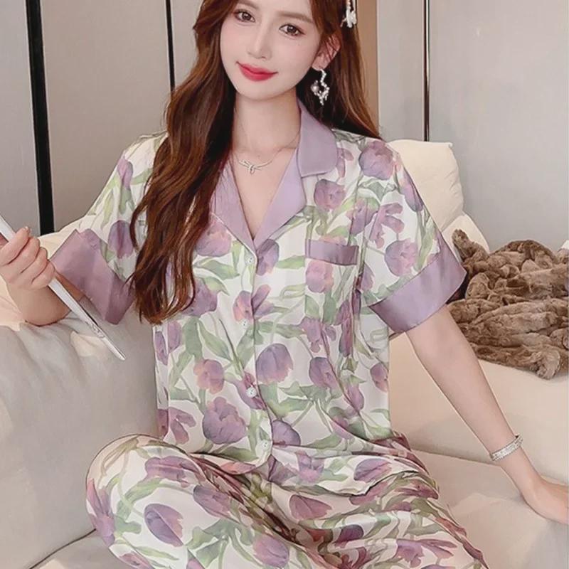 Women's Summer Short-Sleeve Ice Silk Pajamas In Purple Tulip Style