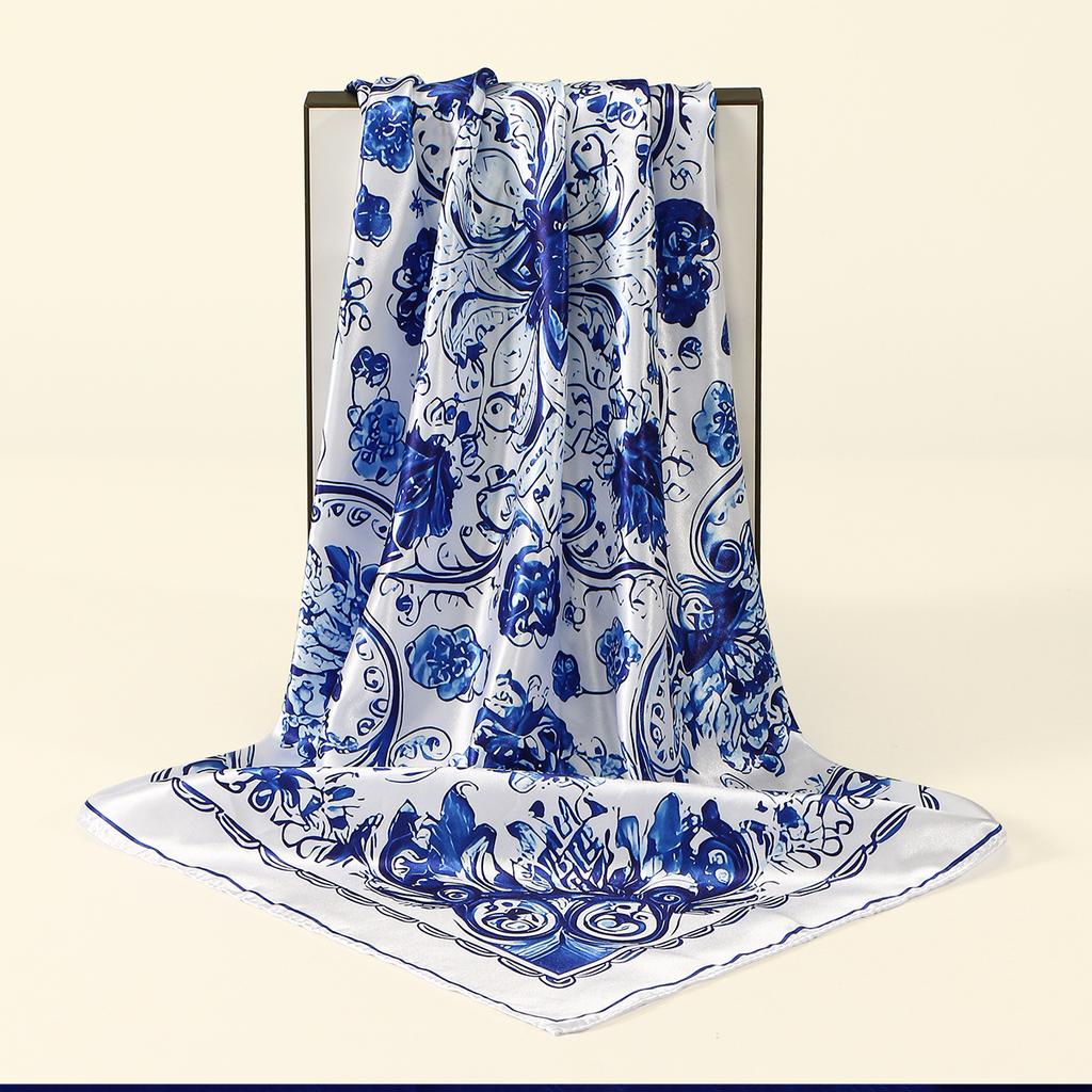 New Blue and White Porcelain Bandana Head Wraps for Woman Satin Square Scarf Muslim Printed Hijab Turban Ladies Square Headband