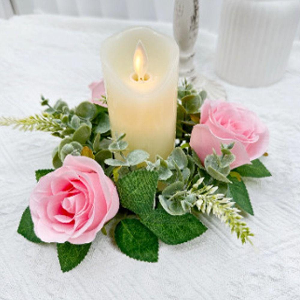 Desktop Decoration Artificial Flower Rose Candlestick Exquisite Creative Candle Holder Reusable Fake Wreath Ring Rustic