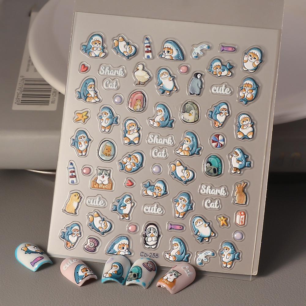 Xiaohongshu Cute Cat & Beach Jelly Nail Stickers: Cartoon Lazy Nails with Little Fish & Stars.