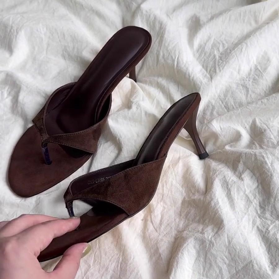 Soft Leather Version~ Retro High-heeled Toe Cool Slippers Flip-flops Women's Outer Wear with Skirt Simple Temperament Stiletto Sandals