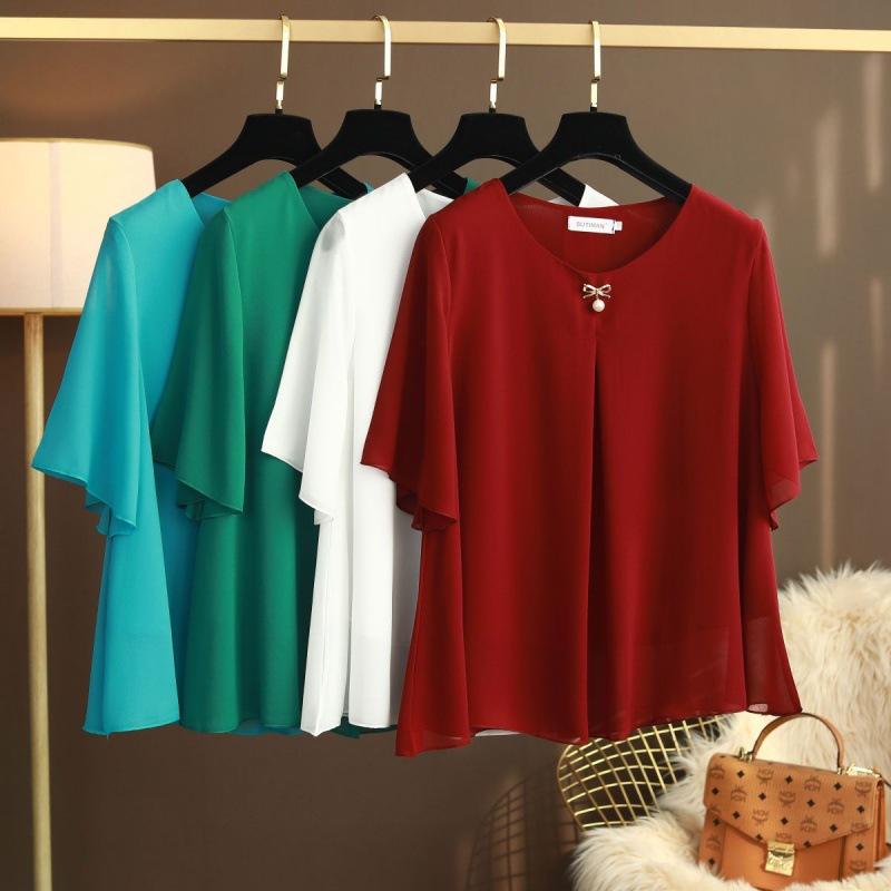 Obesity Women Chiffon Blouses Plus Size 6XL Summer Short Sleeve Loose Solid Shirts Tops Blusa De Talla Grande