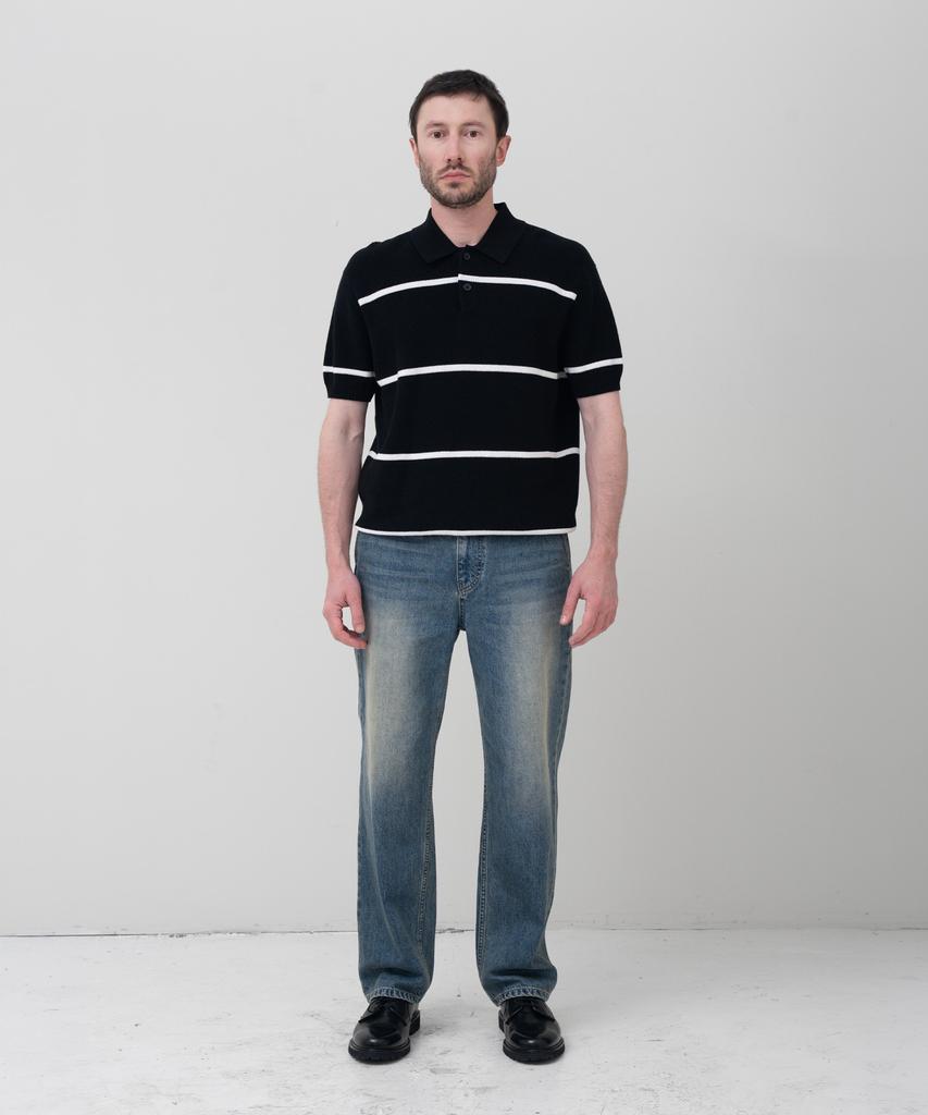 MANNERGRAM Textured Striped 100% Cotton Polo Short Sleeve Knit Black