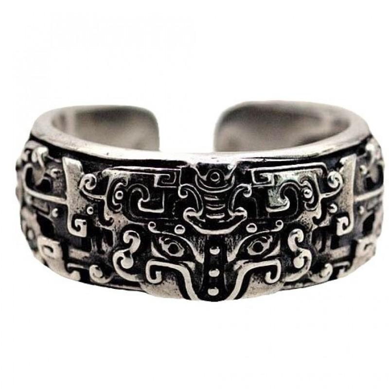 Adjustable Open Ring With Mythical Taotie Beast Design Vintage Plated Copper Unisex Statement Jewelry