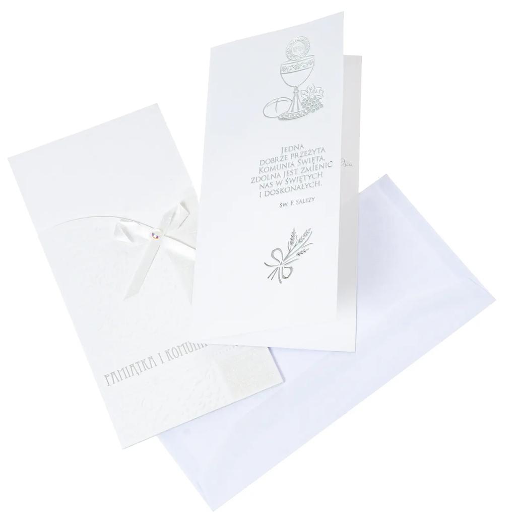 Decorated First Holy Communion Card with a White Bow and Silver Elements